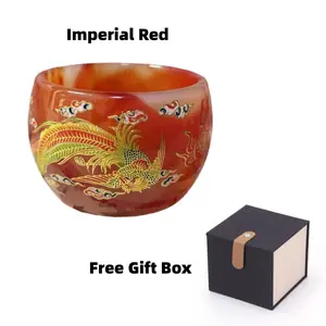 Gift Box Set of Imperial Red Glass Teacups, Deluxe Kung Fu Tea Set, Large Premium Beverage Cups, Holiday Gift, Collectible, Dragon-Patterned Design, Handcrafted Teacups, Gold Accents, Floral Patterns