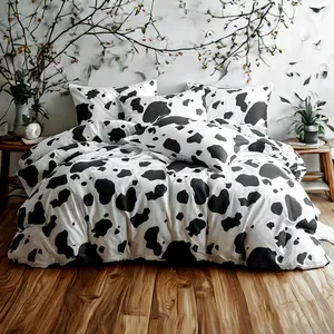 Cow Printed Microfiber Duvet Cover Set, Ultra Soft Breathable Comforter Bedding Set with Zipper Closure and Corner Ties, Wrinkle-Resistant and Easy Care Lightweight Bed Set for Bedroom,Hotel,Dormitory Decor