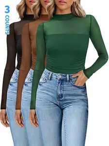 2026 Spring Fashion Women's Mesh Sheer Long Sleeve Ruched Top, Sexy Fitted Turtle Mock Neck, Fashion Versatile Base layer, Going Out Tops  Slim Fit Blouses,Valentine's Day Outfit,date night outfit ideas