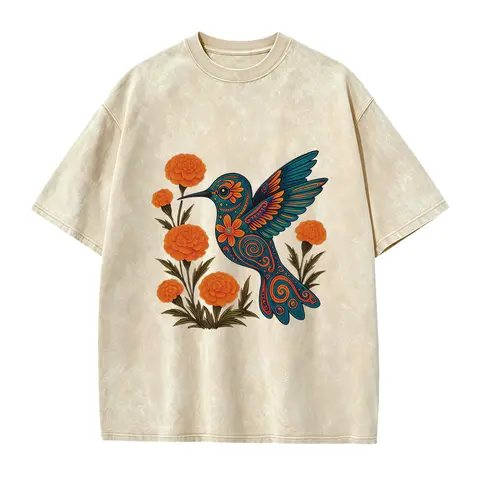 Alebrije Hummingbird Shirt Día de los Muertos, Mexican Folk Art Tee with Marigolds, Colorful Cultural Graphic Day of the Dead Top
