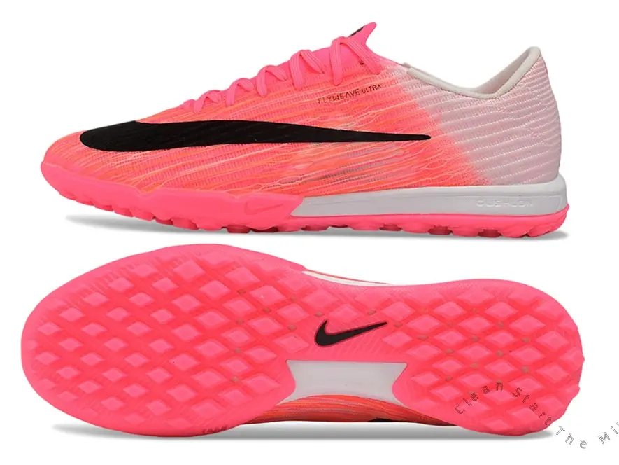 Black Strip Accent Pink White Gradient Stretch Knit Turf Soccer Cleats, Pink White Segmented Cushion Stud Outsole Unisex Footwear for Indoor Artificial Grass Daily Training
