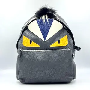 Pre-owned FENDI Leather Backpacks Monster Backpack With Mohawk Fur Crest Gray/Black