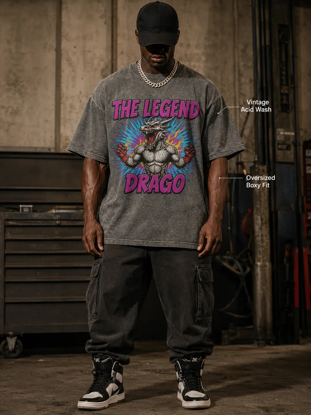 Vintage Boxing Graphic Tee Men 220GSM Washed Cotton Dragon Print Oversized T Shirt