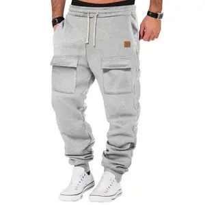 Multi-pocket fleece-lined cargo pants for autumn/winter, patchwork training sports pants, fitness pants, sweatpants, outdoor casual fleece-lined pants