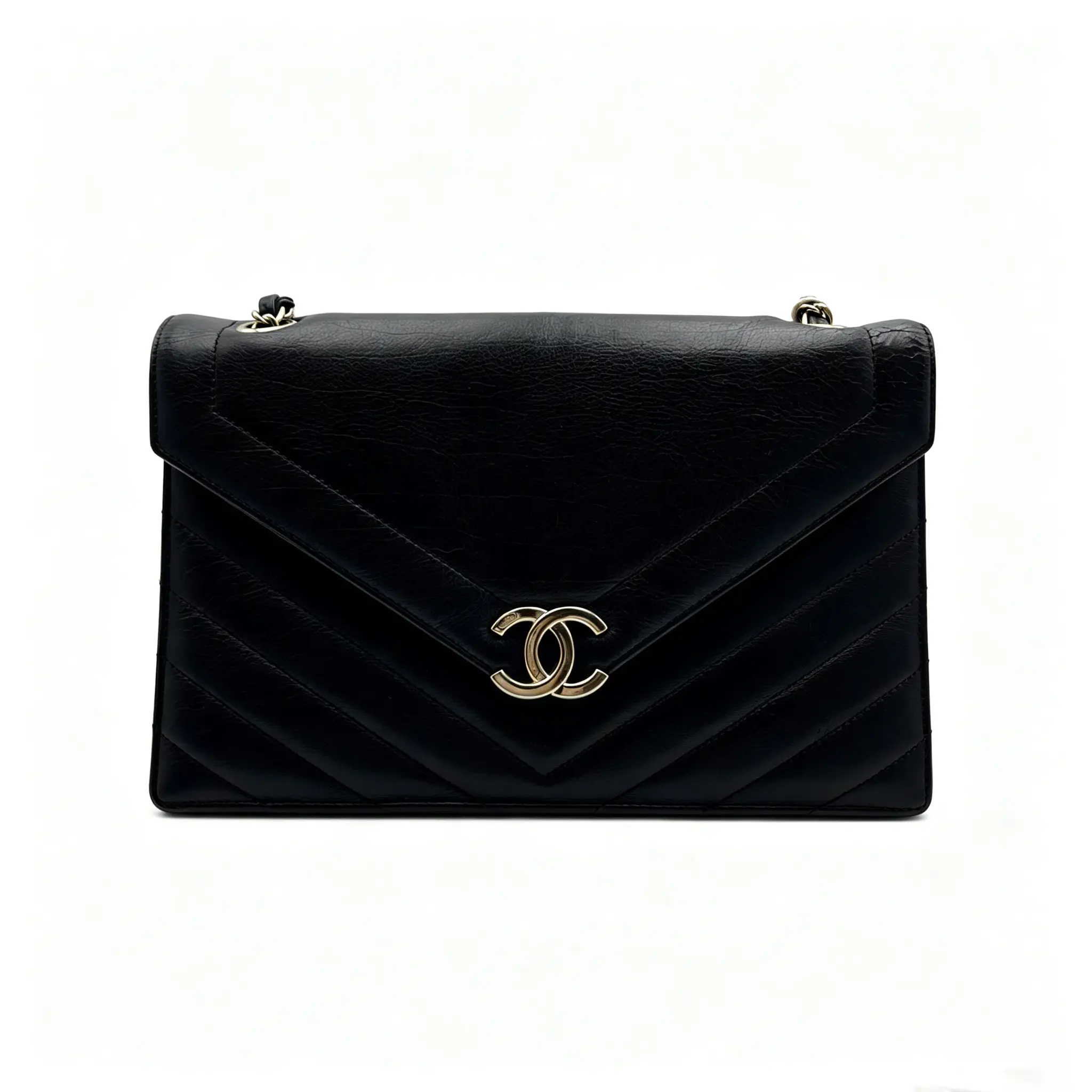 Pre-owned CHANEL H5V Quilted Envelope Bag, Black Lizard Grain Cowhide Leather with Vintage Gold Clasp, for Daily Commuting, H62171