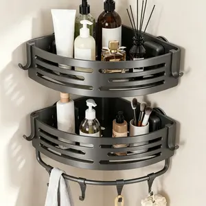 FEELSO 2-Tier Suction Cup Corner Shower Caddy with Hooks, No Drill Gunmetal Gray Bathroom Storage Rack for Small Spaces