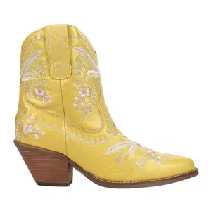 Dingo Womens Primrose Floral Embroidered Metallic Snip Toe  Casual Boots Ankle Mid Heel 2-3" - Yellow