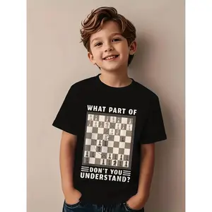 Boys' Chess Graphic T-Shirt - Funny "What Part of Don't You Understand?"Chessboard Design with Pawn & Knight Print, Black Casual Shirt for Chess Players, Educational Summer Tee, High-quality Fabric, Youth Learning Apparel, Chess T Shirt