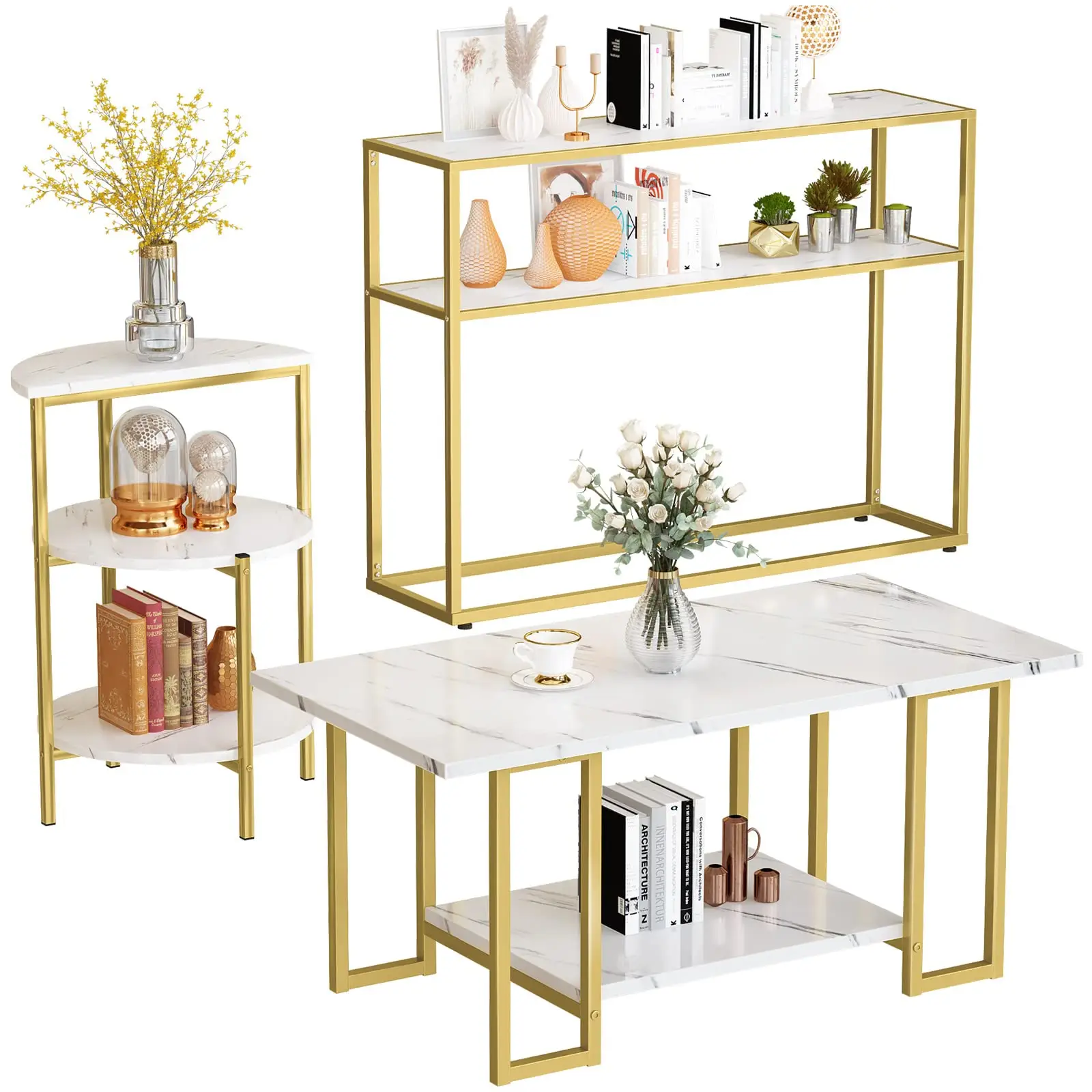 Lamerge Living Room Table Set of 3,Faux Marble Coffee Table & 3-Tier Side Table & Console Tables,Modern Table Set with Gold Metal Frame