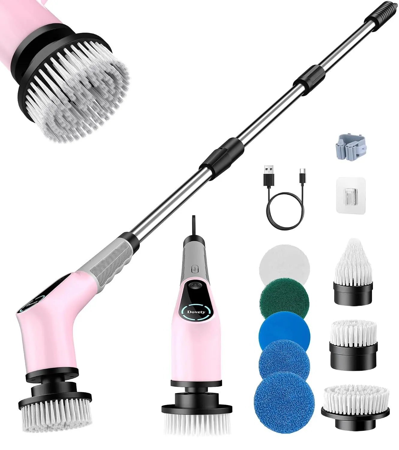 Dovety Electric Spin Scrubber, Shower Scrubber, Power Cleaner Tools with 8 Replaceable Brush Heads, Cleaning Brush with Extension Handle, 2 Adjustable Speeds, 90Mins Work Time for Home Bathtub-White