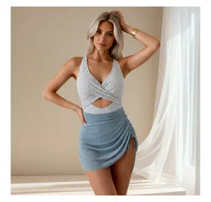 Women's Striped Co-ord Set - Twist Front Crop Top & Drawstring Mini Skirt Outfit, Vacation Summer Two Piece Set, Ruched Skirt, Casual Beach Club Wear