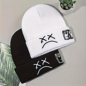 Sad Face Embroidered Graphic Beanie Stylish Unisex Hip Hop Hat Warm Comfortable Winter Knit Cap Black White Cuffed Skull Cap for Women Men Machine Washable,summervibes tiktokshopspringglowup