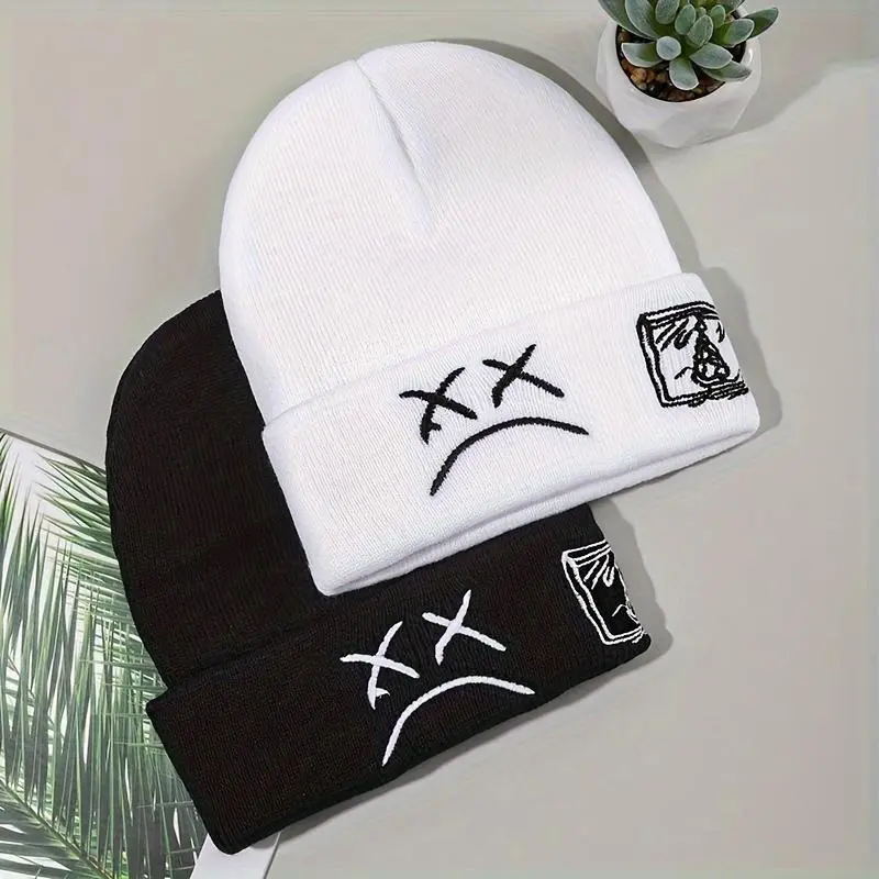 Unisex Sad Face Embroidered Graphic Beanie - Stylish Hip Hop Winter Knit Cuffed Skull Cap, Warm, Comfortable, Machine Washable Black White Sports & Outdoor Accessory Hat, Beanies