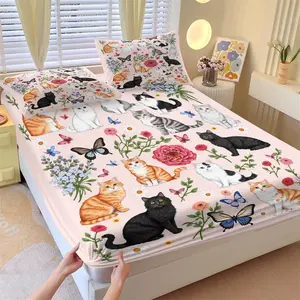 Cute Healing Cat Themed Fitted Sheet Set (with 2 Pillowcases), Ideal Home Gift, Eye-Catching Bedroom Decor, Decorative Bedsheet Sets, Unique Style Elevates Space Vibe