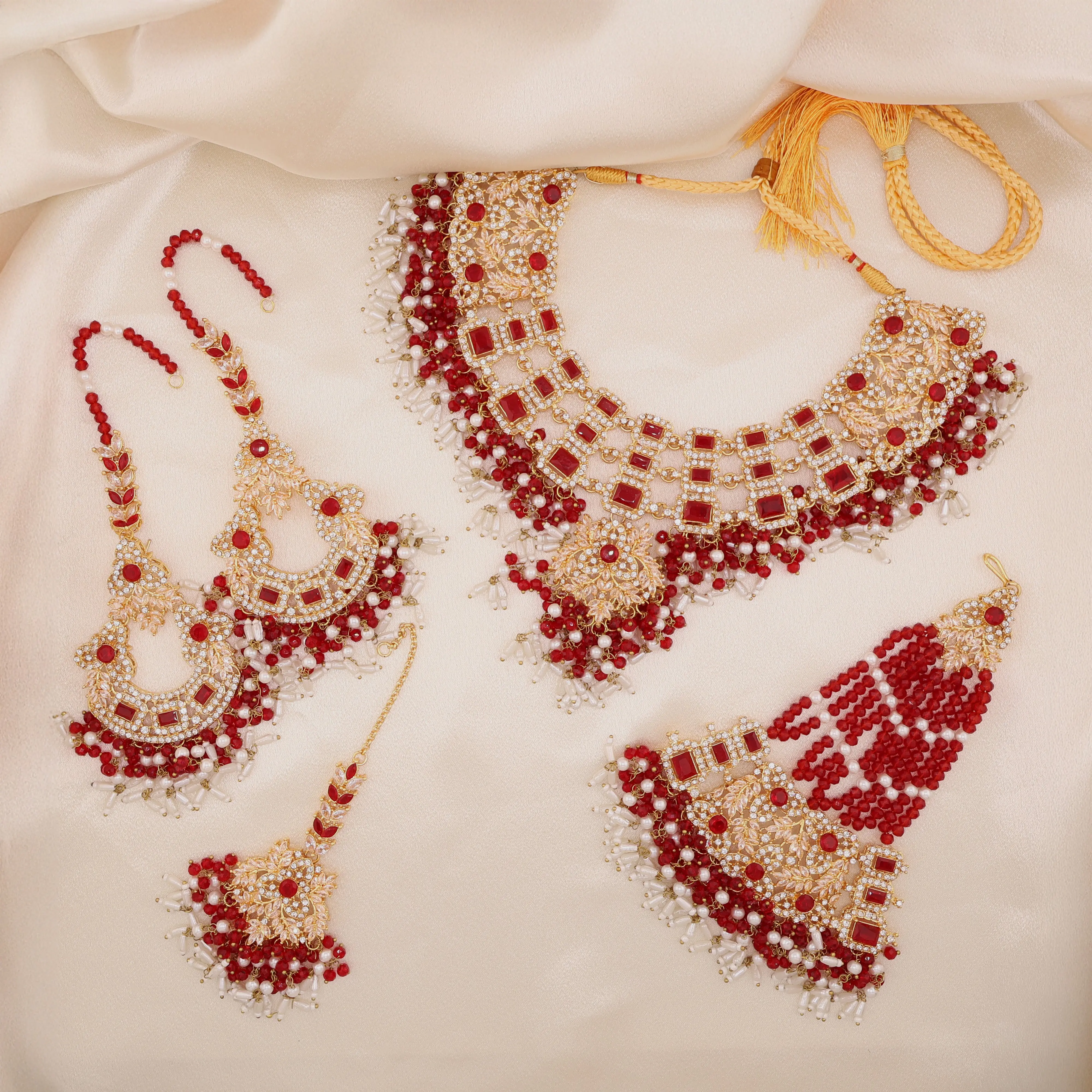 NOOR Red & Gold Kundan Bridal Necklace Set with Earrings, Tikka & Bracelet | South Asian Indian Pakistani Wedding Jewelry