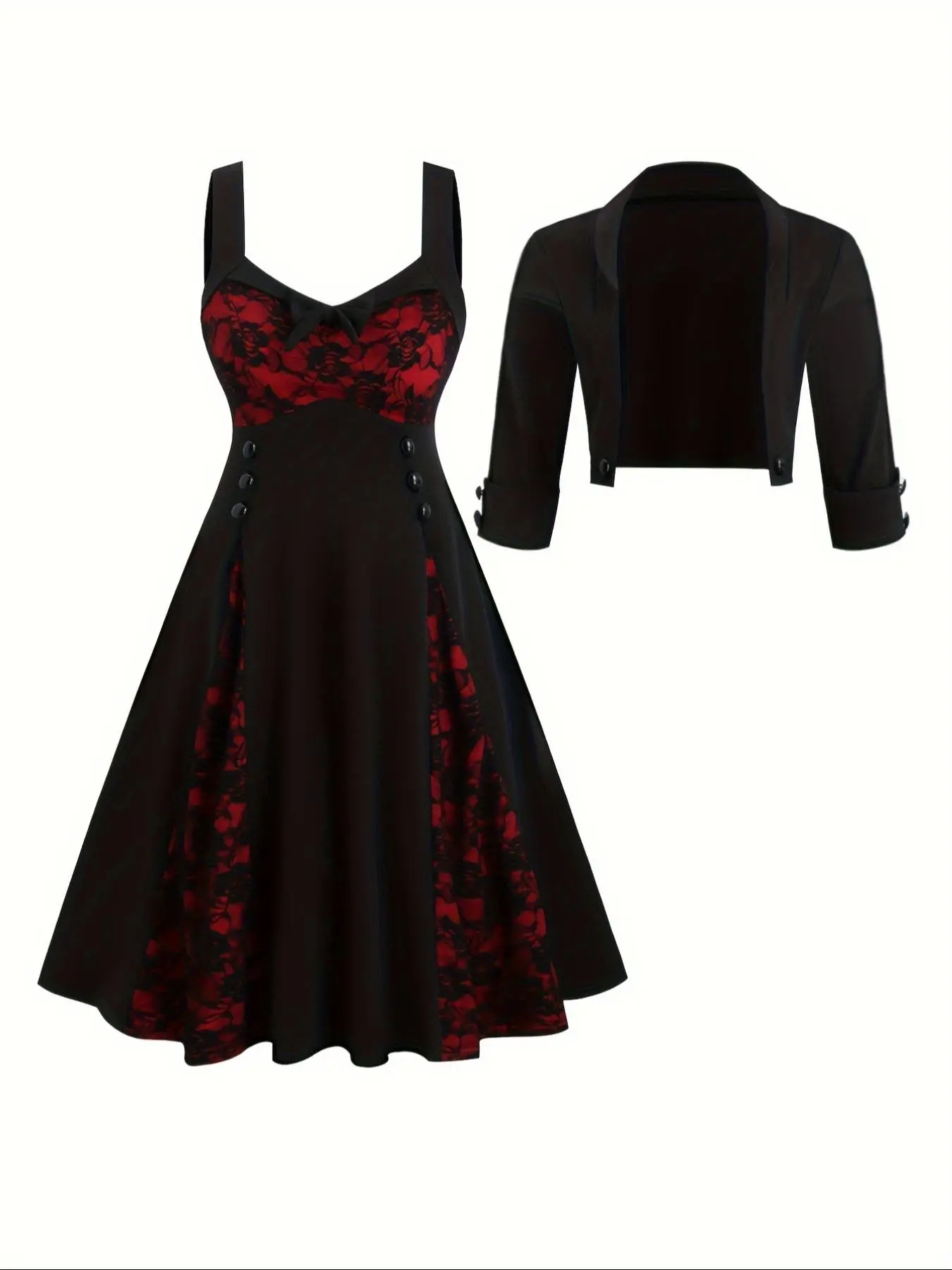 [Plus Size] Two-piece Set Crop Blazer & Colorblock Contrast Lace Bow Decor Jersey Dress, Elegant Chic Fashion Casual Blazer & Cami Plicated Dress Set for Daily Outdoor Wear, Women's Outfits for Fall & Winter Womenswear