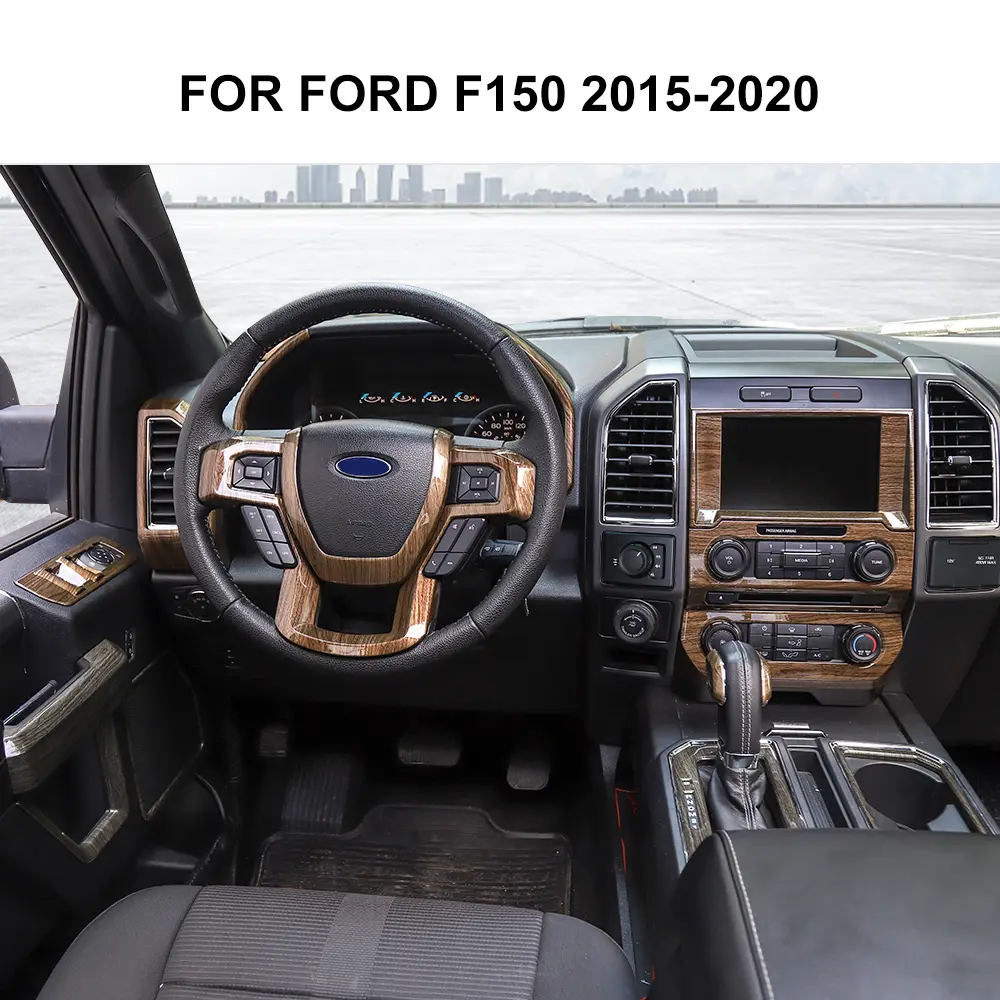Sturdy 19-Item/Set Custom Wood Grain ABS Car Decorations Interior for Ford F150 2015-2020 Truck - Dashboard, Steering Wheel Trim Covers, Interior Decal Sticker Accessories with Manufacturer Warranty