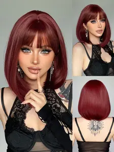 Women's Short Straight Bob Wig, Wine, High-Quality Synthetic Hair, Natural Look, Perfect for Daily Wear & Special Occasions, Synthetic Material Wigs