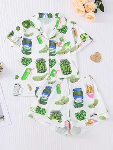 Elegant women's sleepwear set with knitted fabric short sleeved button top and shorts, pickled cucumber print home clothes, casual one-piece cartoon pattern sleepwear combination, lemon design essential short sleeved fashionable women's pocket style