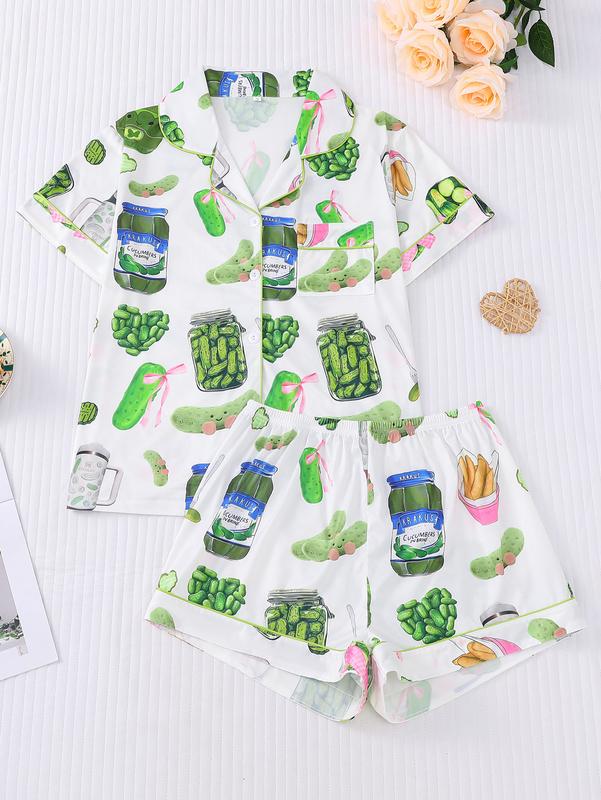 Elegant women's sleepwear set with knitted fabric short sleeved button top and shorts, pickled cucumber print home clothes, casual one-piece cartoon pattern sleepwear combination, lemon design essential short sleeved fashionable women's pocket style