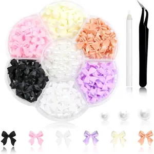 300Pcs Bow Nail Charms and Flatback Pearls,Color Bowknot 3D Cute Nail Charms for Acrylic Nail Supplies Design,White Flatback Half Pearls for Nail Jewelry DIY Crafts Nail Art Decoration Accessories