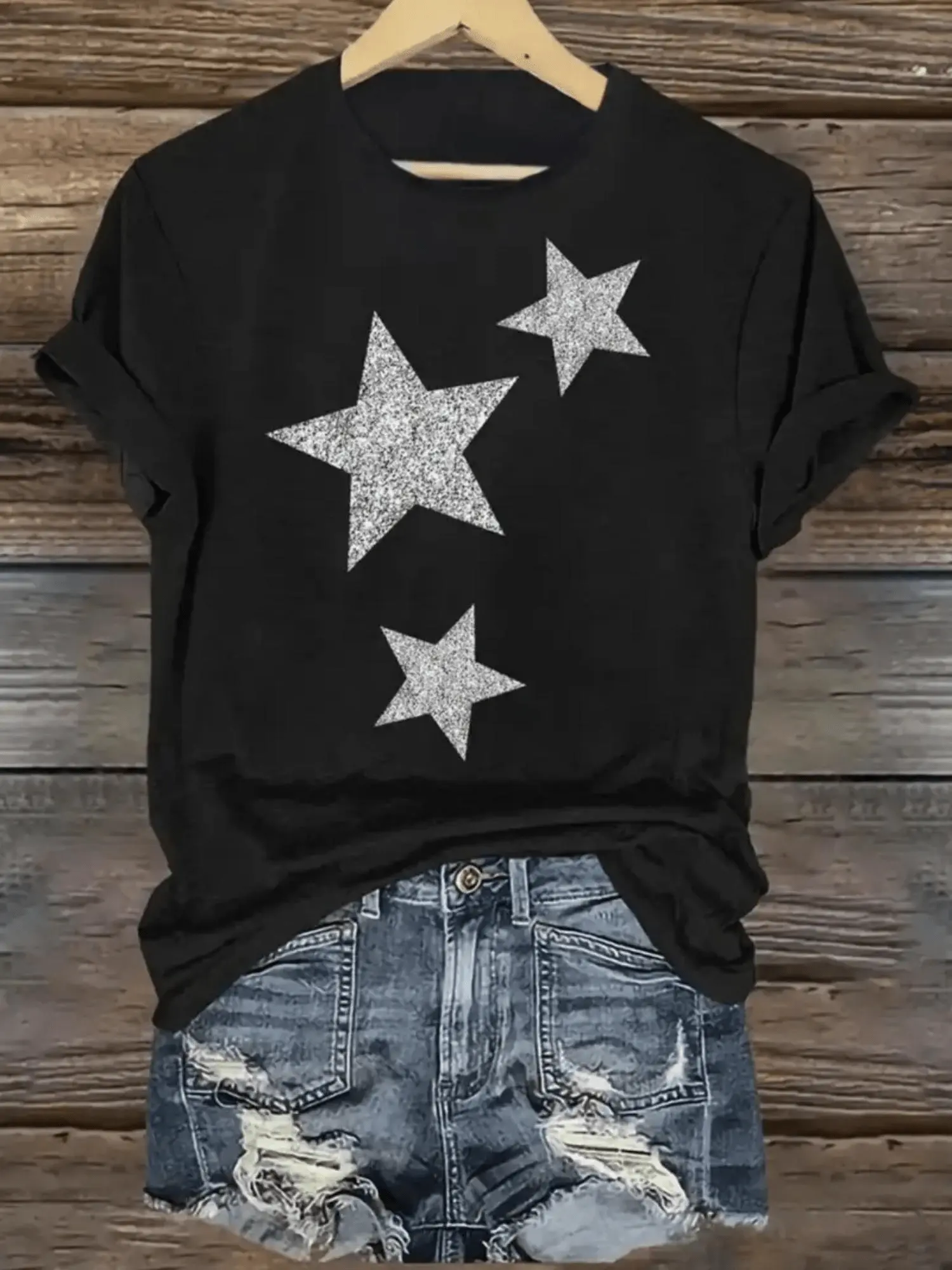 Women'S Black Star Print T-Shirt - Short Sleeve Round Neck Casual Top with White Star Pattern Medium Stretch Fit Spring Summer Fall Blouse Machine Washable Casual Attire And Layering Piece (T-Shirt