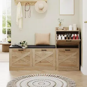 Shoe Storage Bench with 4 Flip Drawers & Padded Seat Cushion, Wooden Narrow Hidden Shoe Cabinet Organizer for Hallway, Living Room Entryway Bench