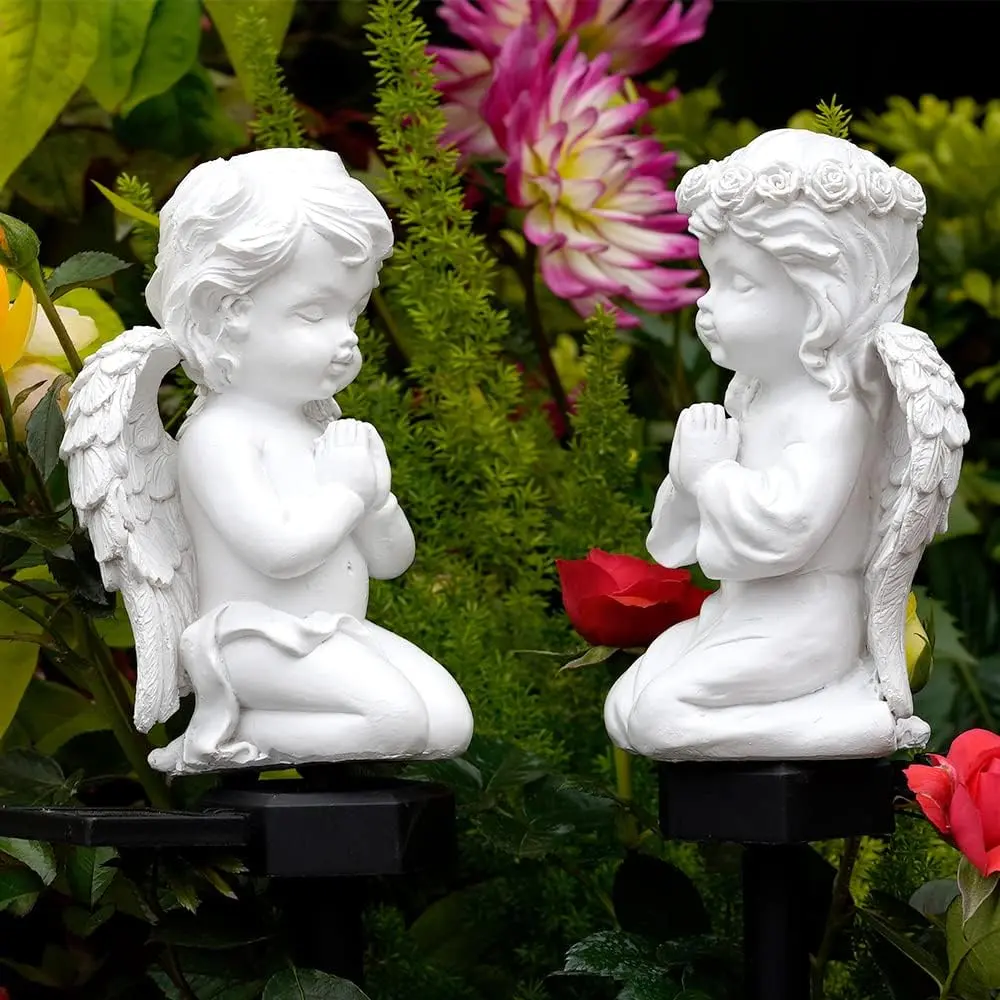 2-Pack Solar Angel Garden Statues, LED Lighted  Angel Figurines for Outdoor Decor, Memorial Ornaments for Mom, Grandma, or Cemetery Graves