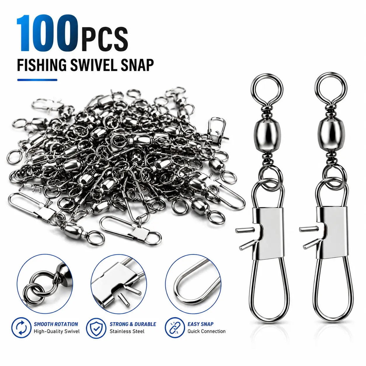 100Pcs Heavy Duty Ball Bearing Swivel Rings Stainless Steel Fishing Connectors High Strength Barrel Swivels Anti-Twist for Bass Pike Saltwater Freshwater Fishing Tackle