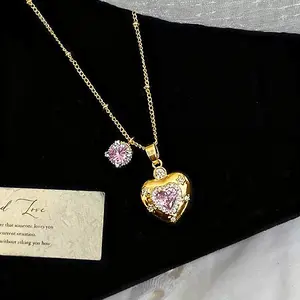 Tewiky Silver Satellite O Chain Double Pendant Necklace, 15mm Pink CZ Heart & Round CZ Charm, Dainty Minimal Layered Necklace for Women, Trendy Daily Wear Gift