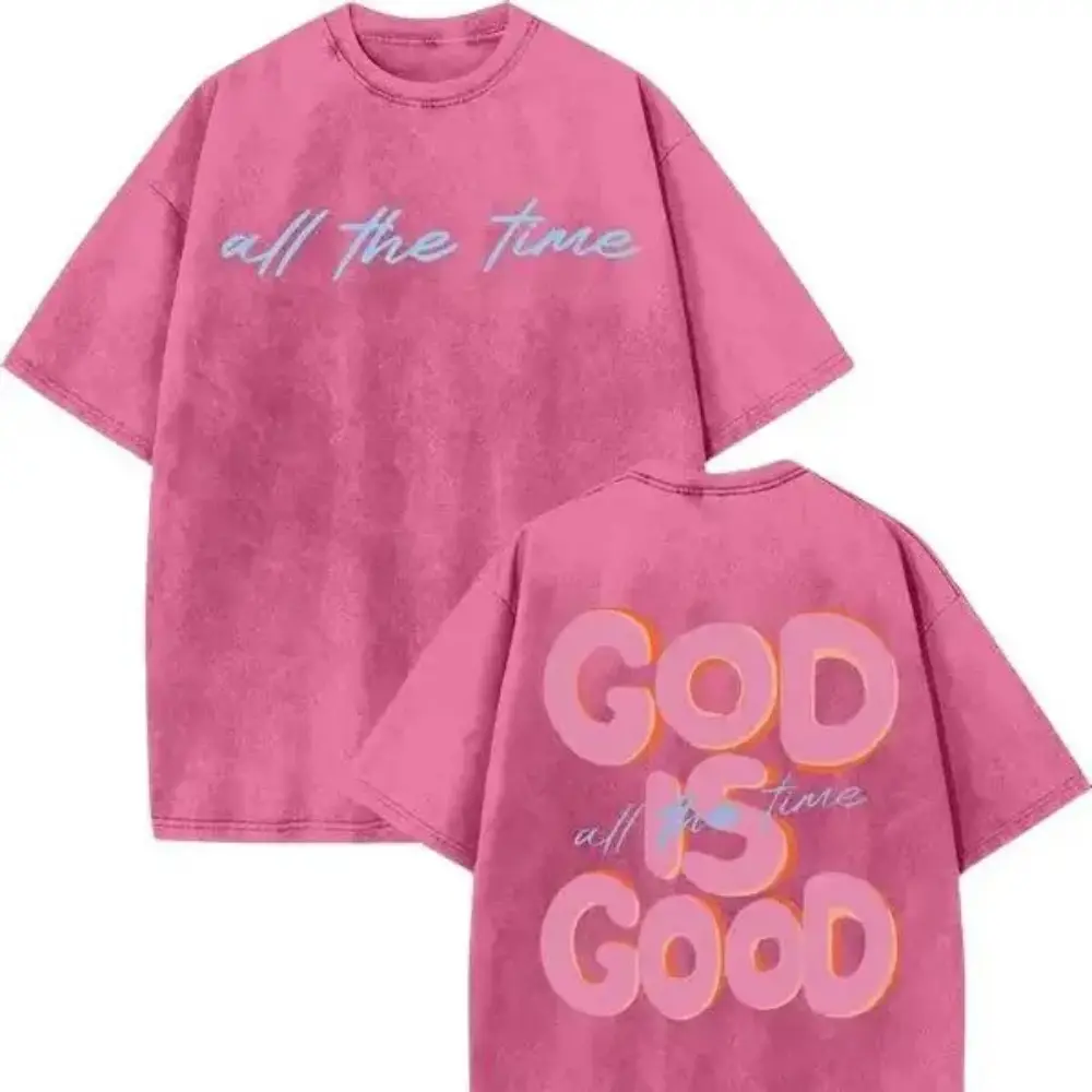 GOD IS GOOD Double-Sided Graphic Print Retro Washed Vintage T-Shirt DTG Process Unisex Loose-Fitting T-shirt, Washed Casual Top (100% Cotton, 280g), Smooth Fabric, Minimalist Style, Street Style, Classic T-shirt, Makes a Great Gift.