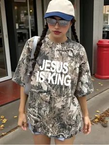 Jesus Is King Camo Heavy Tee Usa Flag Design, Casual Fitted Streetwear Style for All Seasons, Moderate Fabric Thickness Kint Pattern, Womenswear