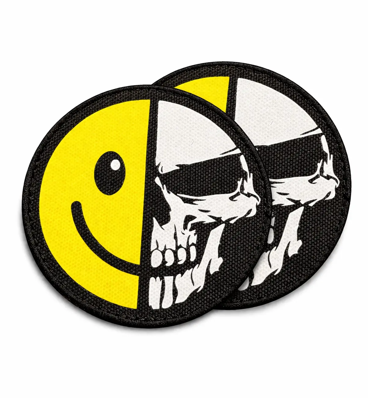 2PCS Reusable Polyester Clean Edge Split Smile Skull Velcro Tactical Patches Set - Firm Hold Hook & Loop Design, Strong Backing Embroidered Sewing Supply for Backpack, Jacket, Father's Day Gift