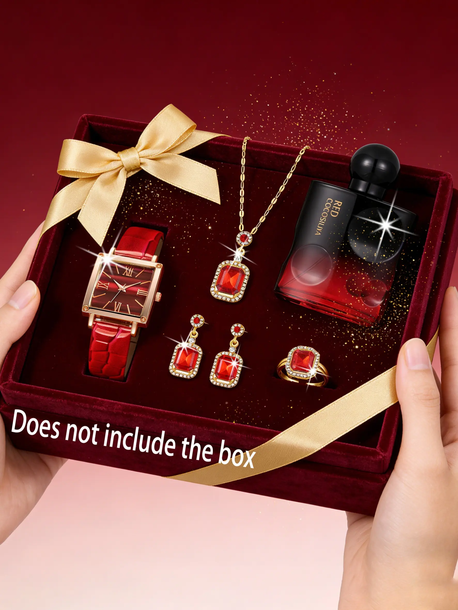 6pcs Vintage Fashion Gold Women's Set, Square Roman Numeral Watch, Necklace, Ring, Earrings, Perfume, Ideal Gift for Him