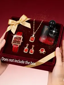 6pcs Vintage Fashion Gold Women's Set, Square Roman Numeral Watch, Necklace, Ring, Earrings, Perfume, Ideal Gift for Him