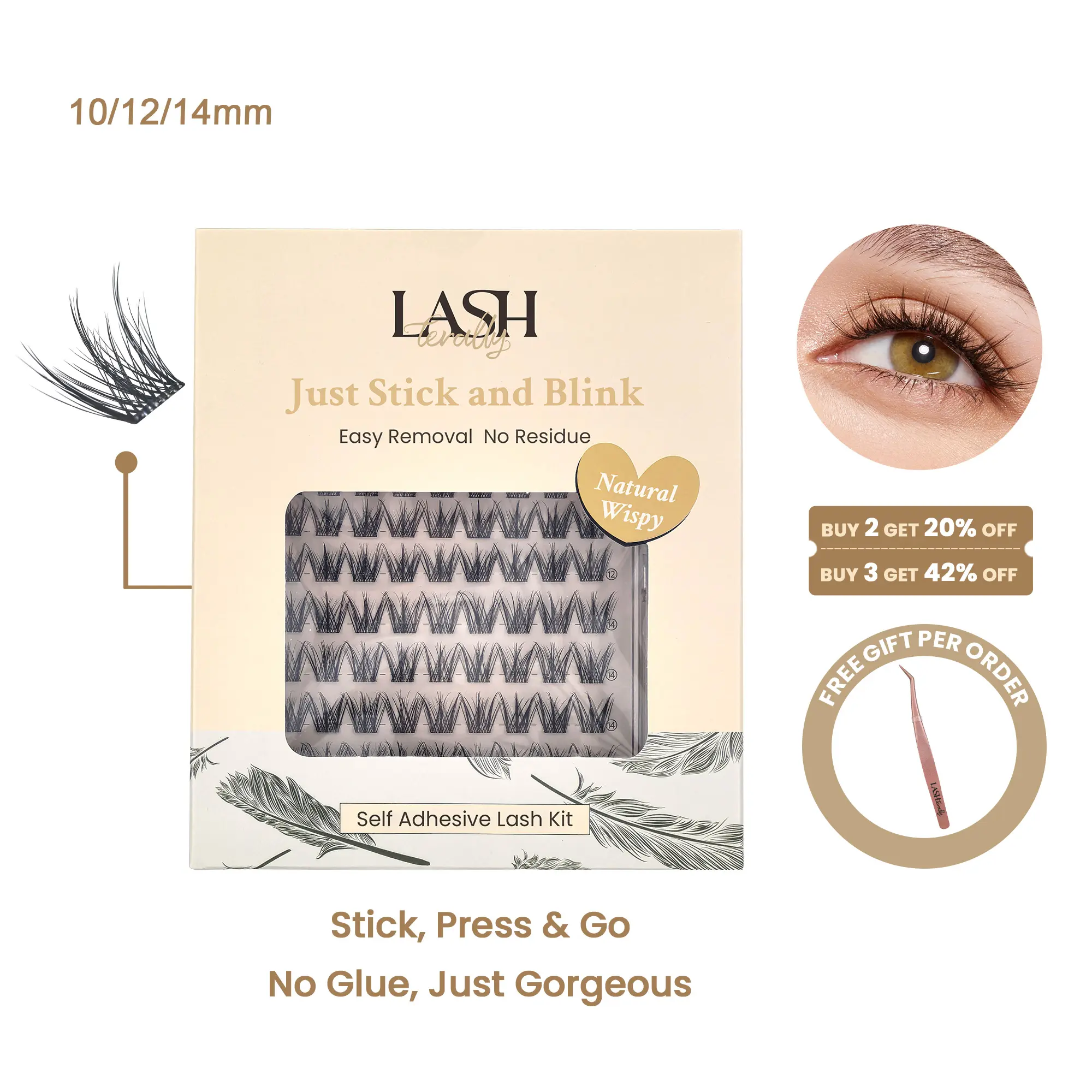 Lashterally Natural Wispy Lashes, Self-Adhesive C Curl Eyelash Kit with 90 Pieces, Reusable, 10mm-14mm Lengths, Cluster Lashes, Cruelty-Free Formula, Eyelash Beginner Kit, Nature, Vegan, False Eyelashes & Adhesives