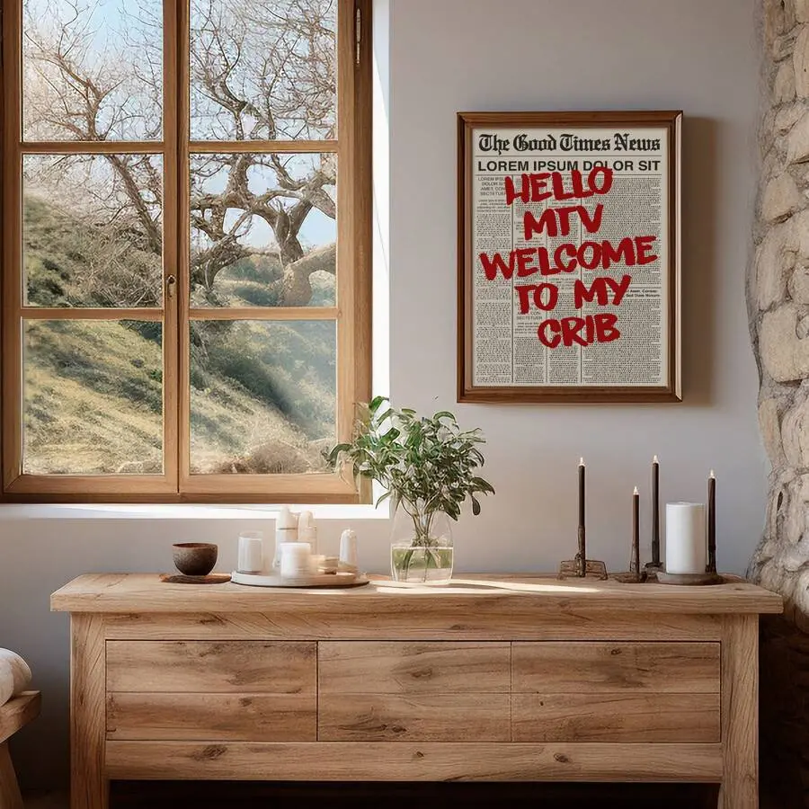 1pc "Welcome To My Cozy Home" Wall Art, MTV Iconic Text, Canvas Printed, Funny Quote Decor, Suitable For Bedroom, Living Room, Office, Retro Newspaper Poster Style, Frameless  Great Gift For Her Decoration Artistic