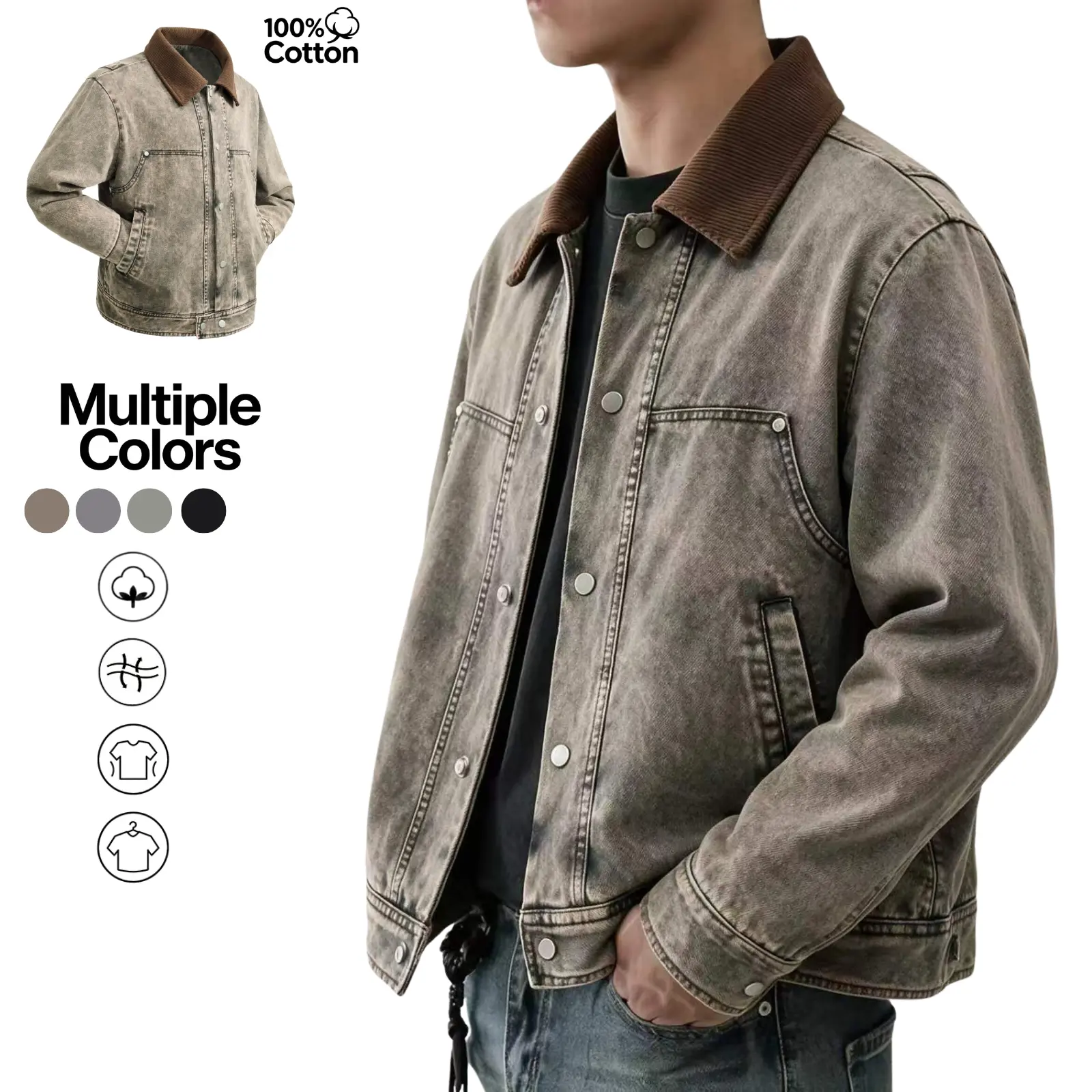 Men's vintage cropped workwear jacket with a washed/distressed look, contrast color corduroy collar