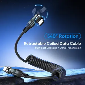 60W USB C to USB C Coiled Cable, 540° Rotating Type-C Fast Charging Cable, Stretchable Spring Data Cable for Car, Phone, Tablet, Laptop, Gaming and Travel