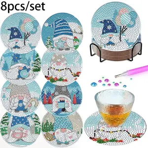 8-Piece DIY Diamond Painting Coasters, Christmas Snowman Design, Heat-Resistant Non-Slip Insulated Cup Mats, Handmade Gift Set