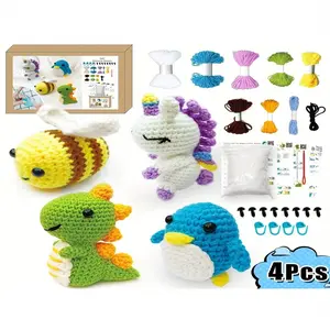 Beginner Crochet Kit with Step-By-Step Video Tutorial, DIY Crochet Animal Set Amigurumi Craft Knitting Supplies, 4-Piece Penguin Bee Dinosaur