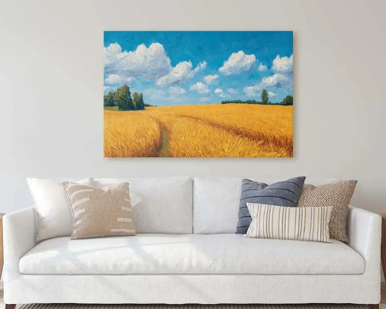 Vibrant Golden Grain Field and Fluffy Clouds Landscape Canvas Print