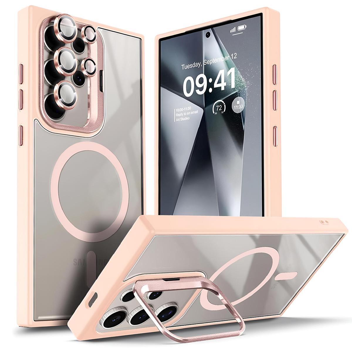 For Samsung Galaxy S26/S25/S24/S23 Ultra/Plus Case with Camera Ring Stand, Shockproof Clear Heavy Duty Cover, MagSafe Compatible + Lens Protector