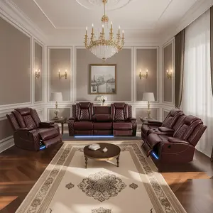 Red Breathing Leather 3-Piece Living Room Recliner Sofa Set with LED Lighting Comfortable Seating for Ultimate Relaxation