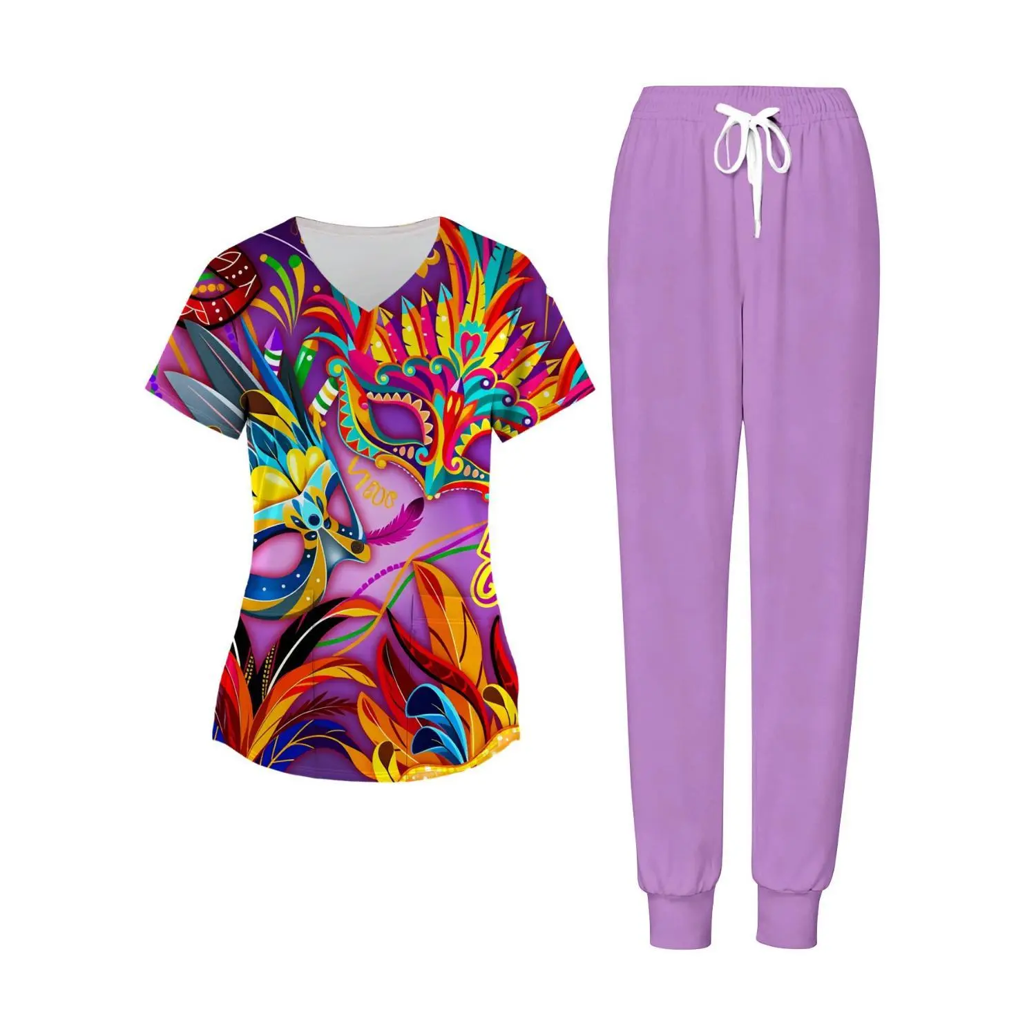 Women's Plus Size 2-Piece Mardi Gras Print V-Neck Top and Pants Scrub Set in Purple