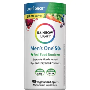 Rainbow Light Mens Multivitamin One + for 50 Plus | 90 Caplets | Supports Muscle Health | with Vitamins C, D, and Zinc | Real Food Nutrients, Digestive Enzymes & Probiotics