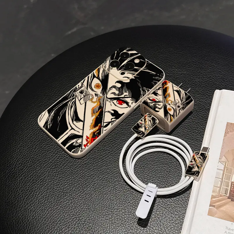 5 Piece Set Antique Cool Anime Phone Case, Charger Head Cover, Cable Protector, Storage Rope, Tpu Anti-Drop Protection for iPhone