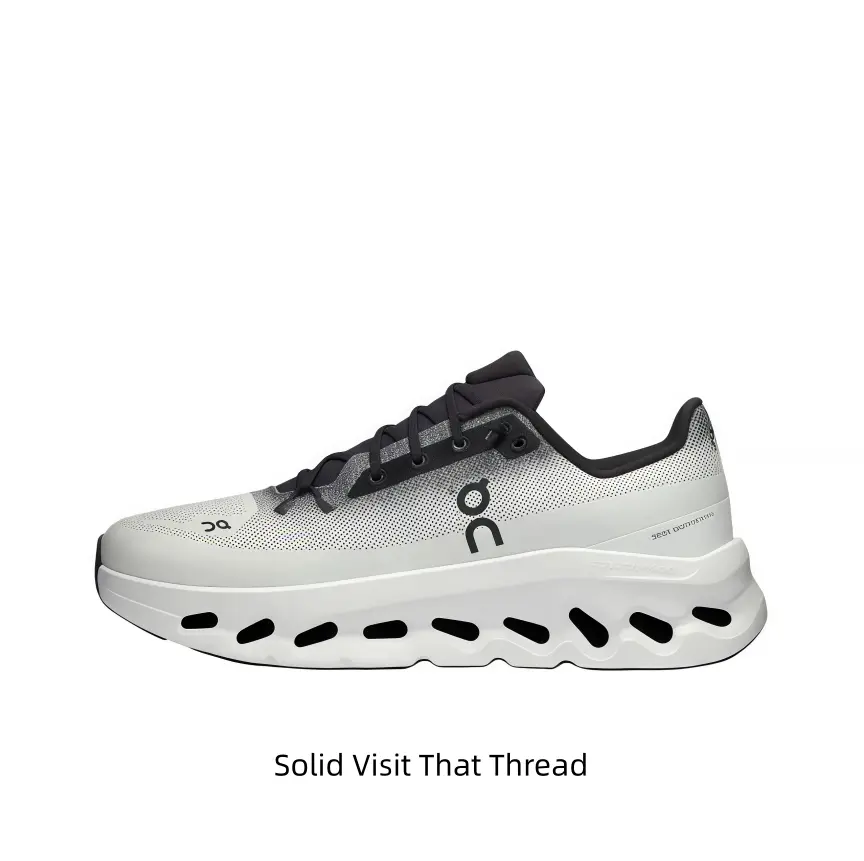 Minimalist gradient white gray mesh performance running shoe. Modern streamlined silhouette great for outdoor sports and casual street styling.