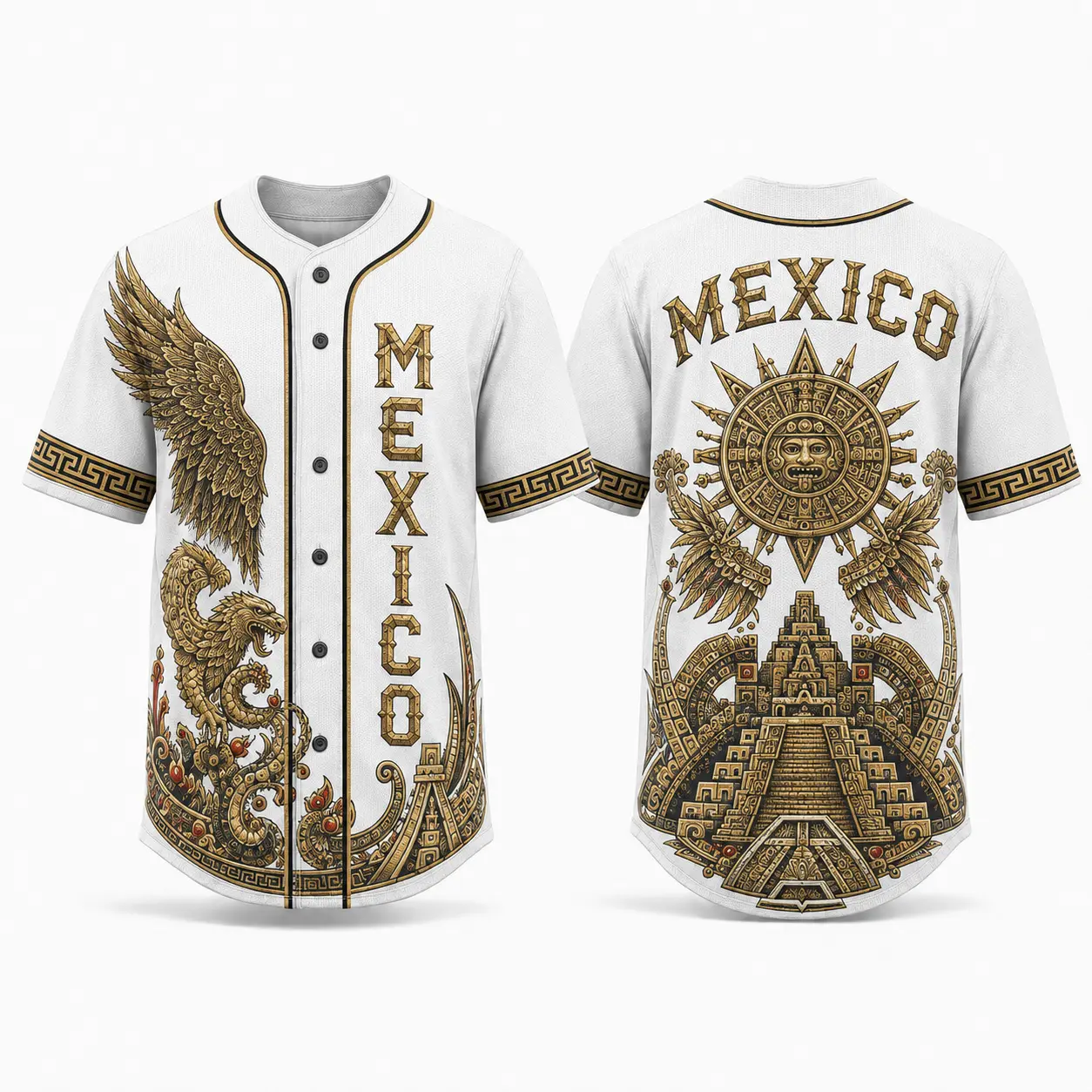 Mexico Aztec Eagle Baseball Jersey White Gold Button Up Shirt Cultural Heritage Game Day Gift
