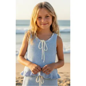 Flowers by Zoe - Blue Crochet Peplum Top with White Bow Detail